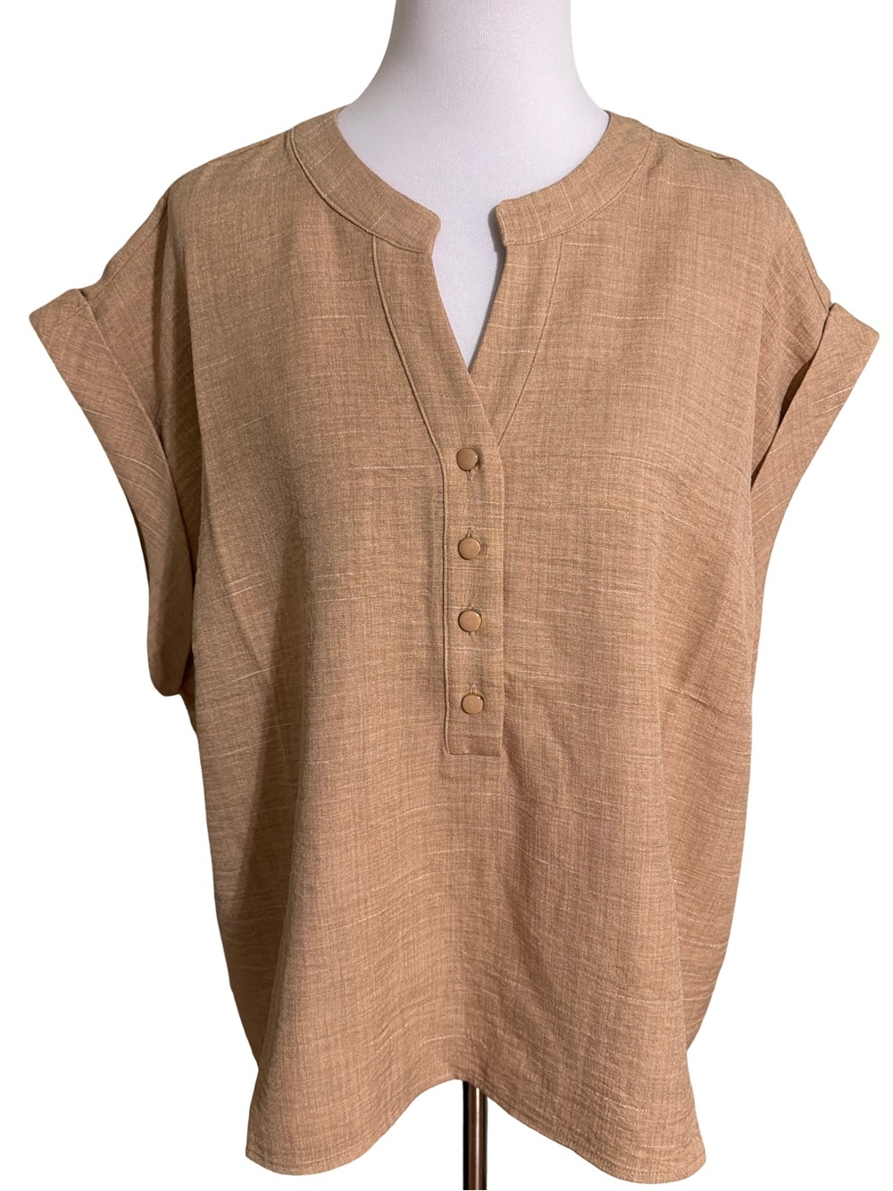 Olivia & Martin Relaxed Tan Short-Sleeve Henley Blouse